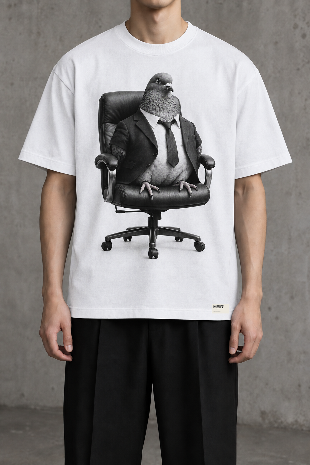 CEO Pigeon: worn view and HEIR exterior hem label