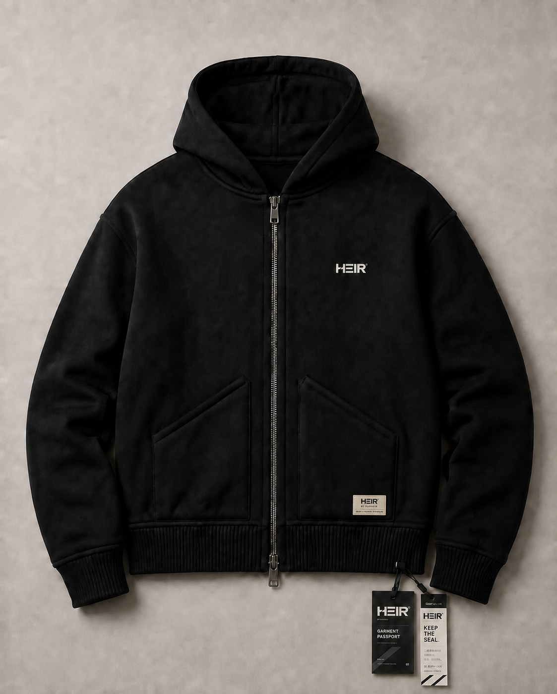 HEIR H001 Bridge Zip in Ink Black, front view with diagonal pockets and lower-front brand label. Product visualization.