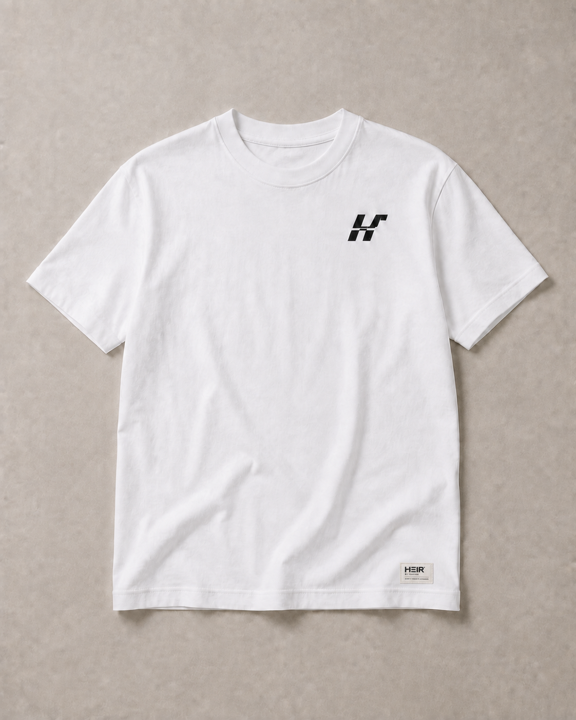 HEIR H015 Signature Tee, White, front view. Product visualization.