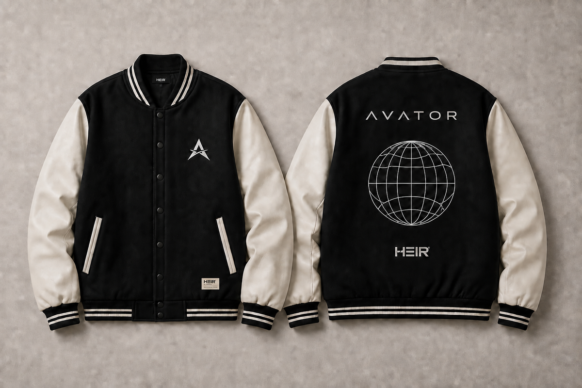 HEIR H030 Varsity Jacket, Black / Bone, front and back views. Product visualization.
