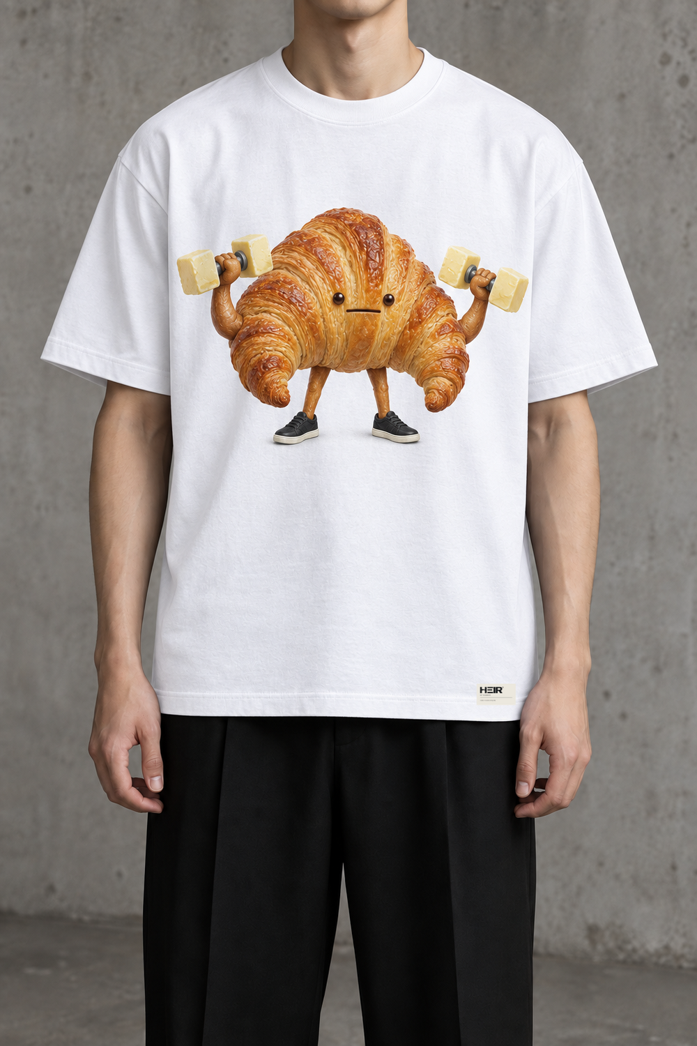 HEIR R11-02 Butter Gains Graphic T-Shirt in White, front design visualization with HEIR hem label. Not sample photography.