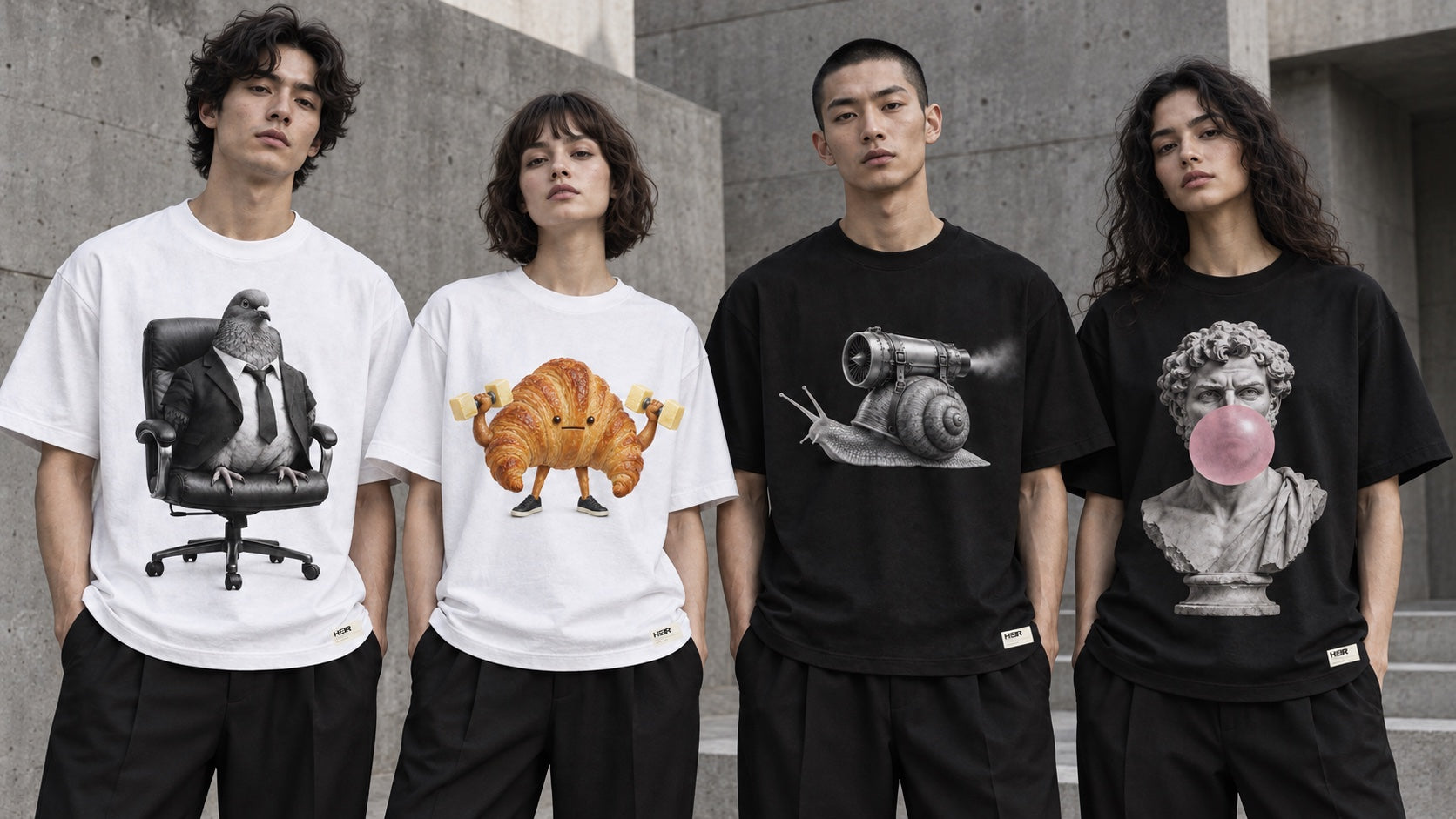 Four models wearing the HEIR R11 graphic tees: CEO Pigeon, Butter Gains, Turbo Snail and Classical Bubble.