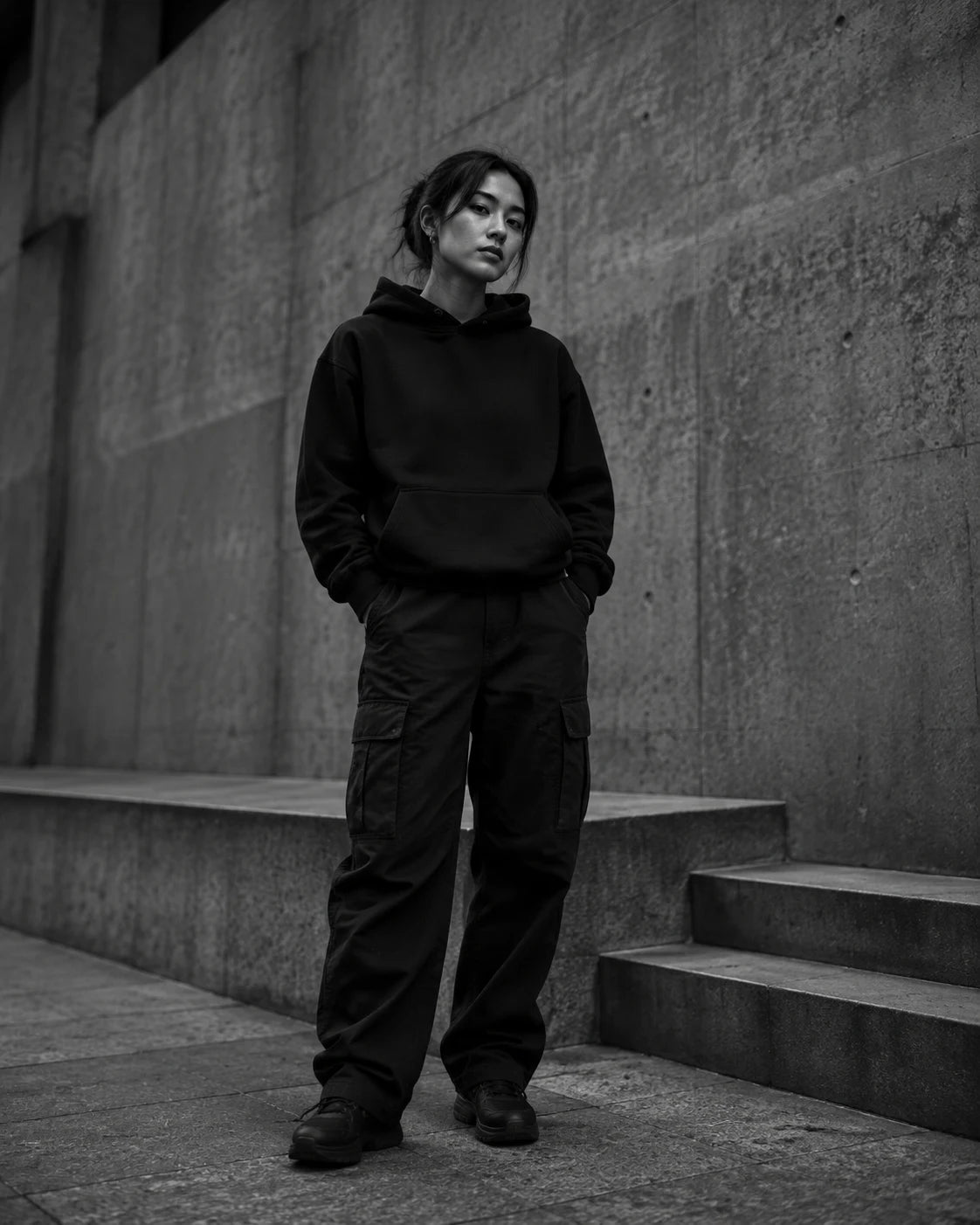 Streetwear editorial with a black hoodie and relaxed cargo trousers
